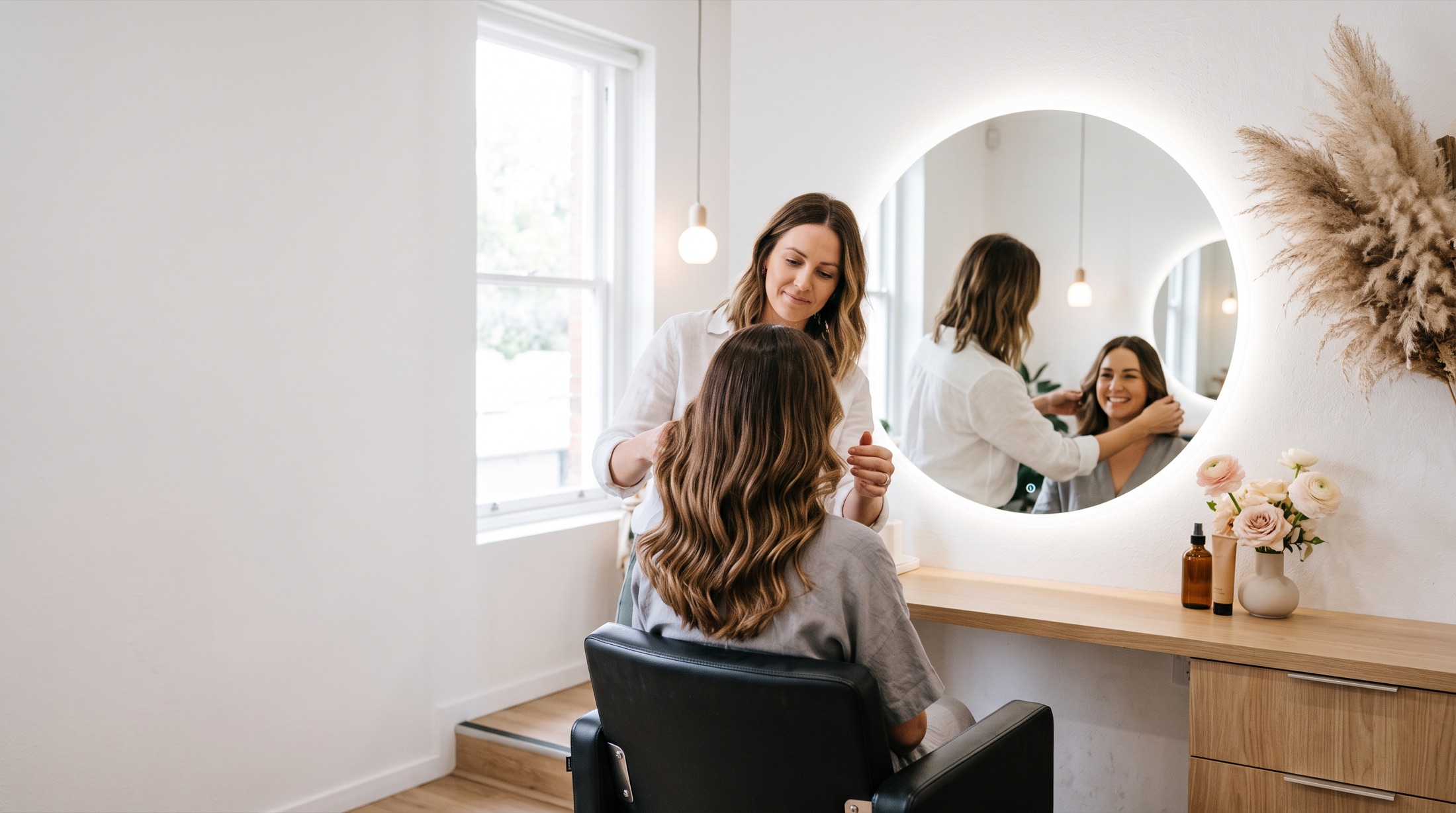 Friseurin stylt lange, gewellte Haare mit Balayage in einem hellen Salon mit rundem Spiegel